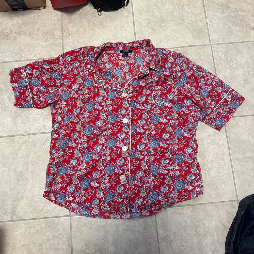 Chaps Red Floral Printed Button Up